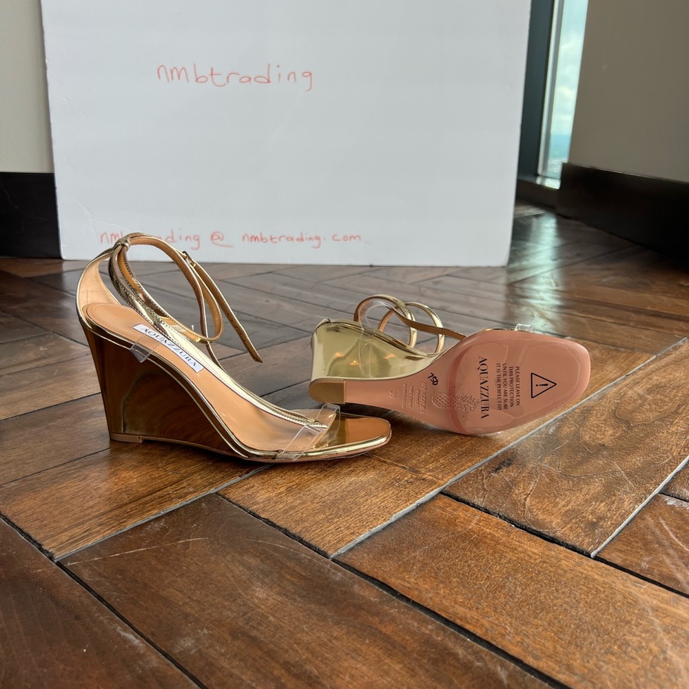 Aquazzura glossy gold metallic leather size 8M(38) strappy wedge heel sandals - Picture 4 of 16